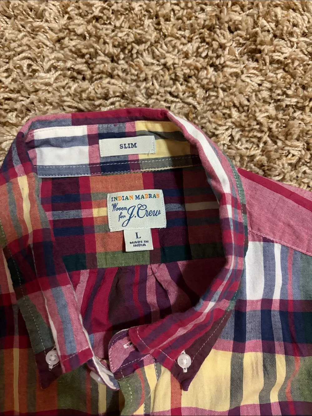Men's J Crew Indian Madras Plaid Button-Down Shirt size L Slim Fit